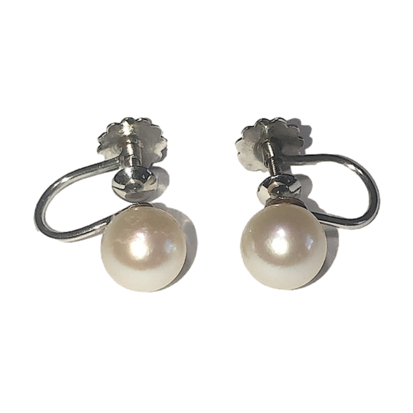 Vtg Art Deco 9k 9ct White Gold Akoya Pearl Screw Clip On Earrings 7mm Bridal
